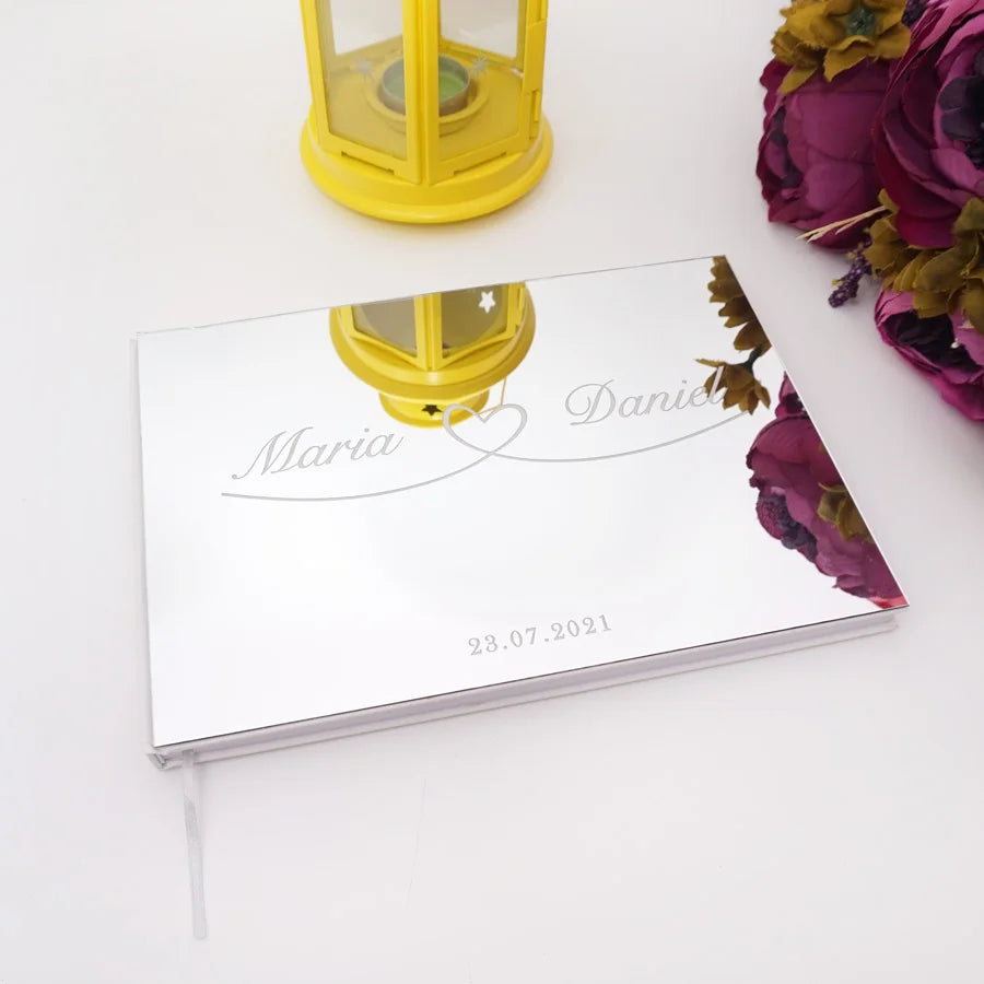 25x18cm Horizontal Sweet Wedding Personalized Acrylic Mirror Cover Heart Signature Guestbook Custom Check in Book