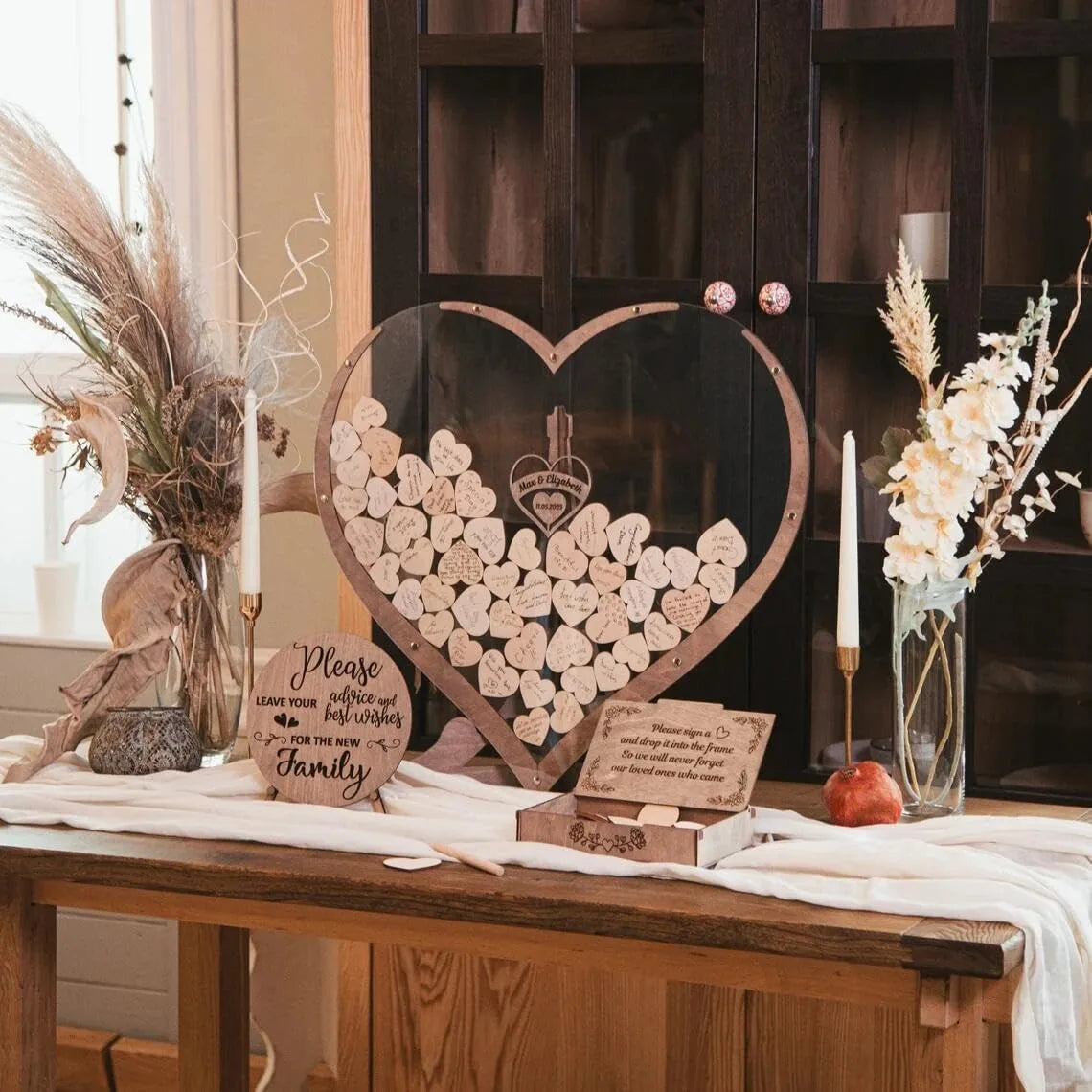 Custom Acrylic Wedding Guest Book Wooden Drop Heart Message Book Sign, Alternative Anniversary Valentine's Day Wedding Deco