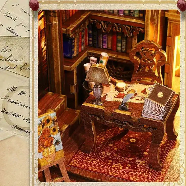 DIY Book Nook Kit Miniature Doll House With LED Light 3D Puzzle Model Building Wooden Bookshelf