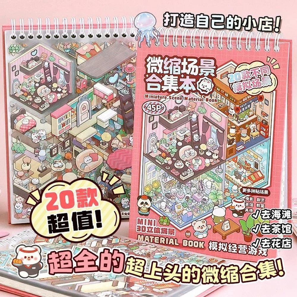20Pcs 20 in1 Cartoon DIY Landscape Sticker 3D Miniature Collection Book Cabin Scene Stickers Birthday Gift for Kid Child Student