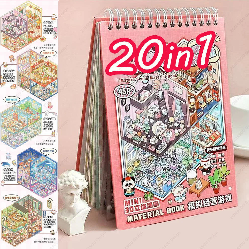 20Pcs 20 in1 Cartoon DIY Landscape Sticker 3D Miniature Collection Book Cabin Scene Stickers Birthday Gift for Kid Child Student