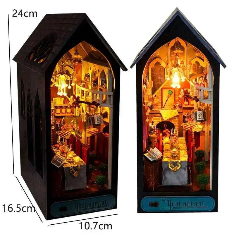 DIY Book Nook Kit Miniature Doll House With LED Light 3D Puzzle Model Building Wooden Bookshelf