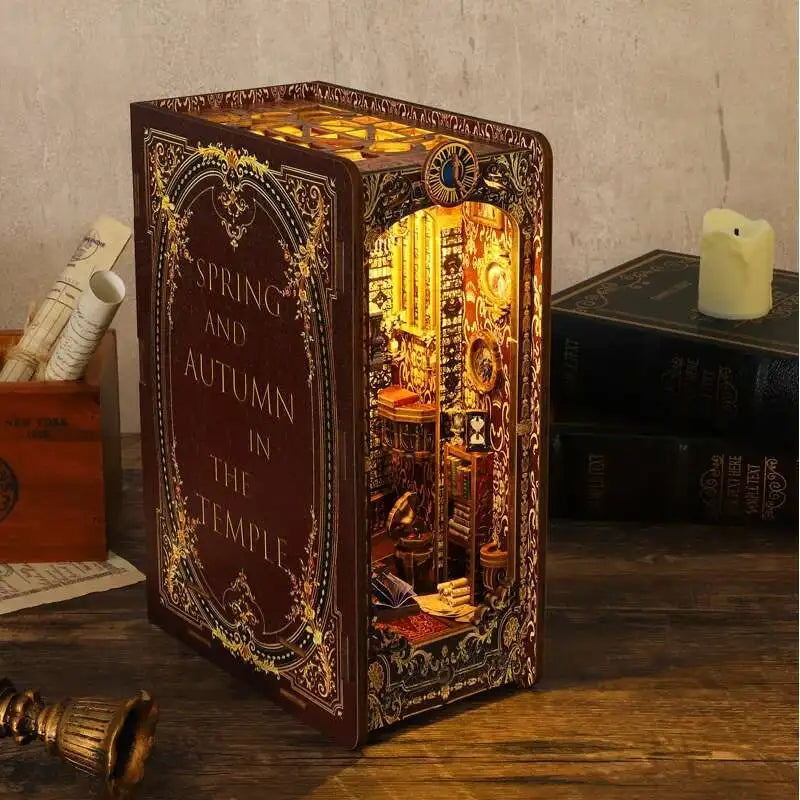 DIY Book Nook Kit Miniature Doll House With LED Light 3D Puzzle Model Building Wooden Bookshelf