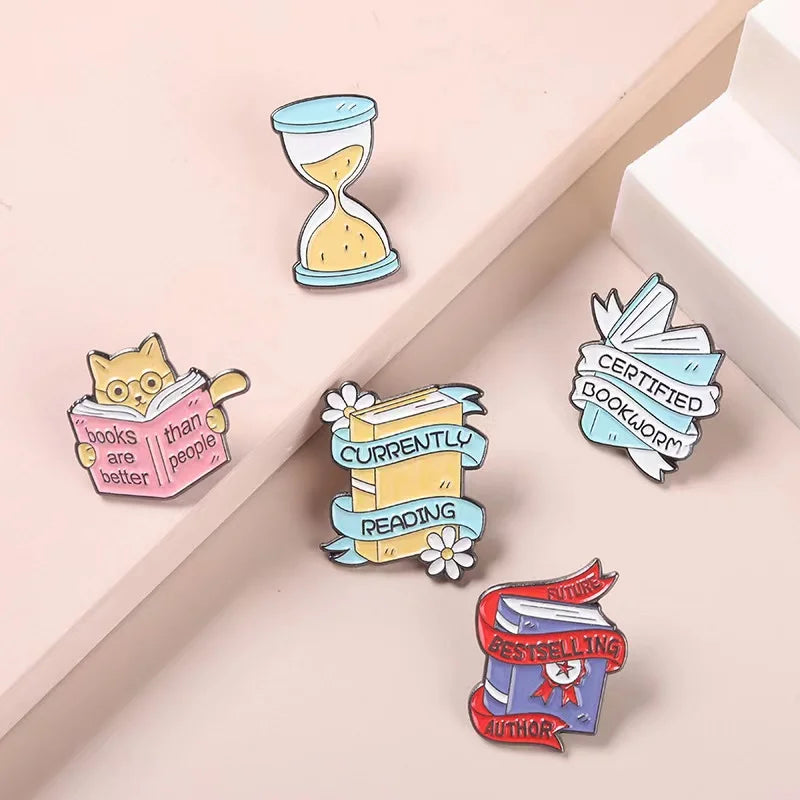 Pin Club | Custom Book Cat Metal Brooch Hourglass Reading Lover Backpack Lapel Enamel Badge Jewelry Gifts Accessories Wholesale