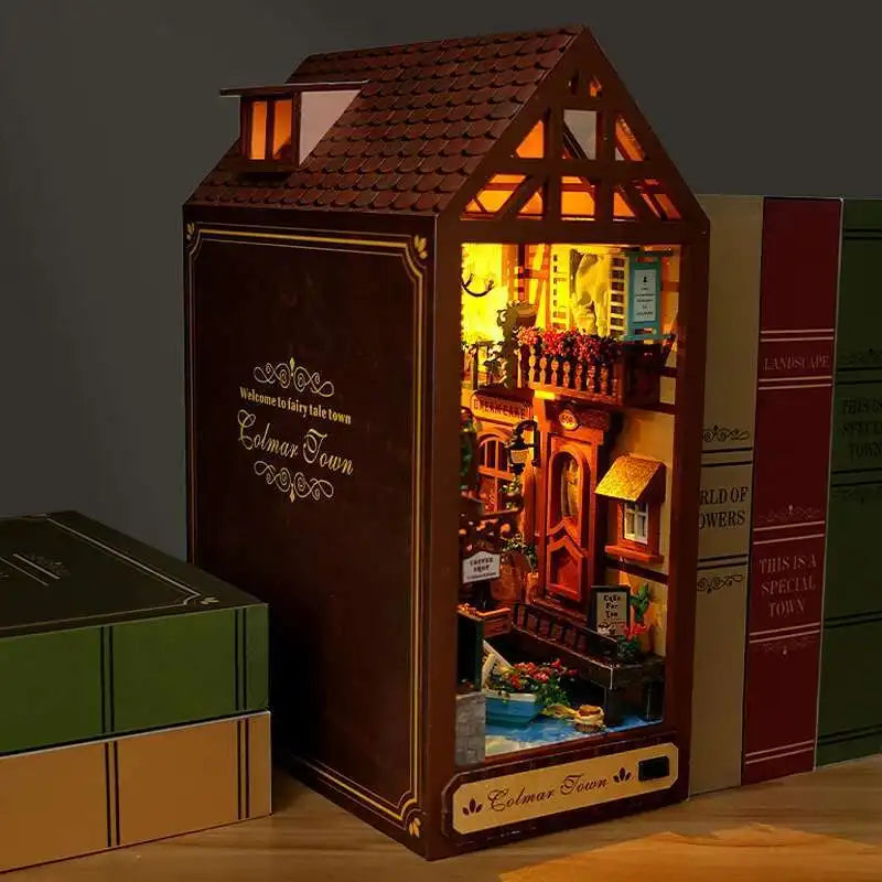 DIY Book Nook Kit Miniature Doll House With LED Light 3D Puzzle Model Building Wooden Bookshelf