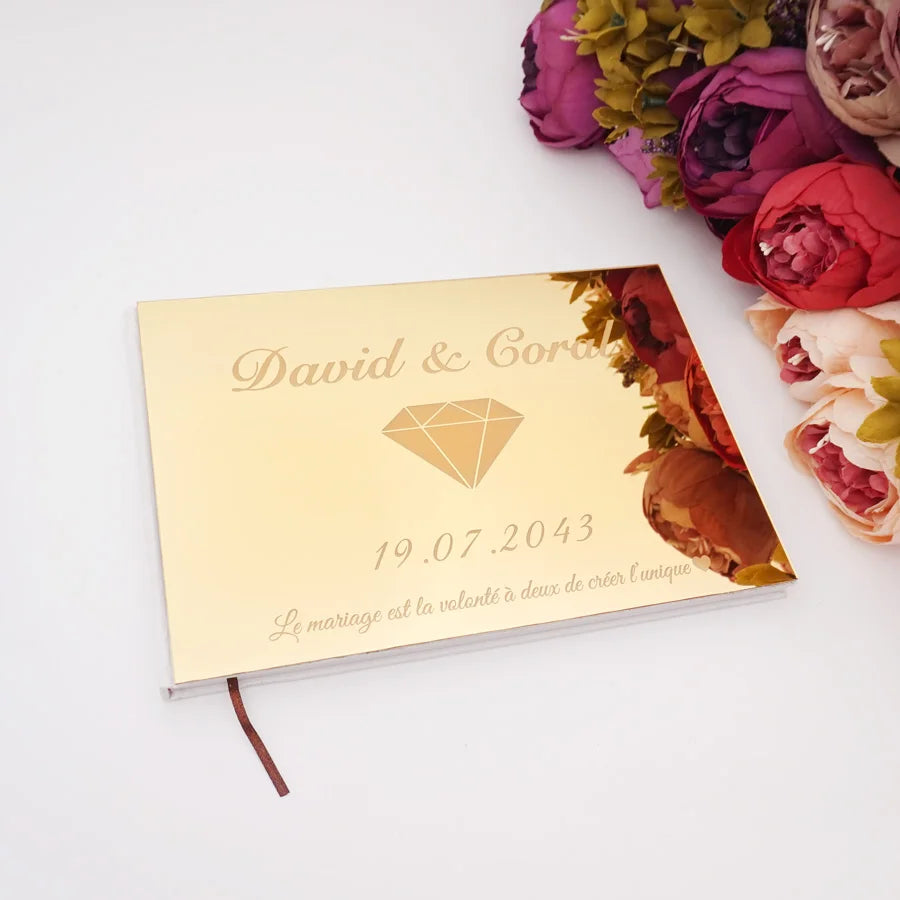 Different Styles Custom Wedding Signature Guest Book Personalized Gold/Silver Mirror Cover Empty White Blank Pages Party Decor