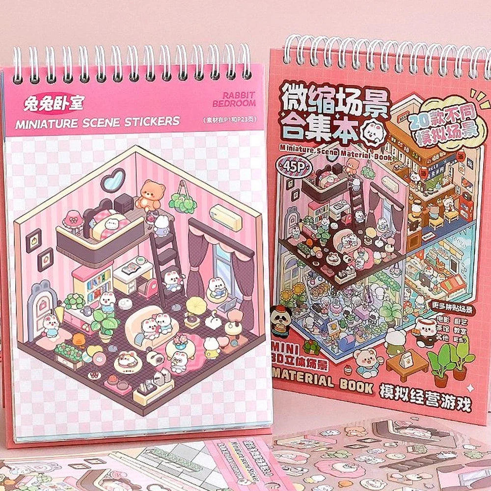 20Pcs 20 in1 Cartoon DIY Landscape Sticker 3D Miniature Collection Book Cabin Scene Stickers Birthday Gift for Kid Child Student