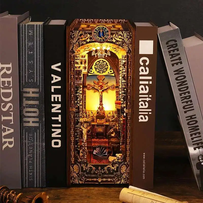 DIY Book Nook Kit Miniature Doll House With LED Light 3D Puzzle Model Building Wooden Bookshelf