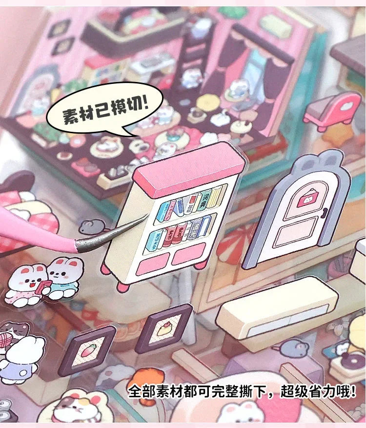 20Pcs 20 in1 Cartoon DIY Landscape Sticker 3D Miniature Collection Book Cabin Scene Stickers Birthday Gift for Kid Child Student