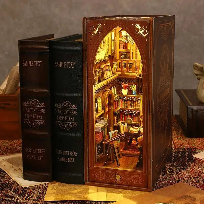 DIY Book Nook Kit Miniature Doll House With LED Light 3D Puzzle Model Building Wooden Bookshelf