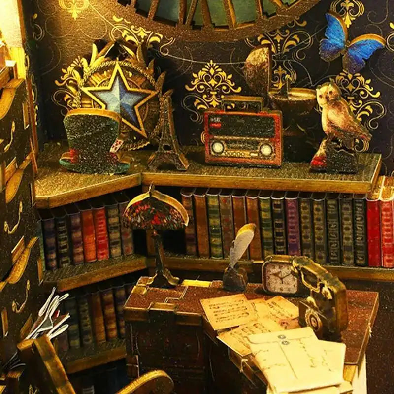 DIY Book Nook Kit Miniature Doll House With LED Light 3D Puzzle Model Building Wooden Bookshelf