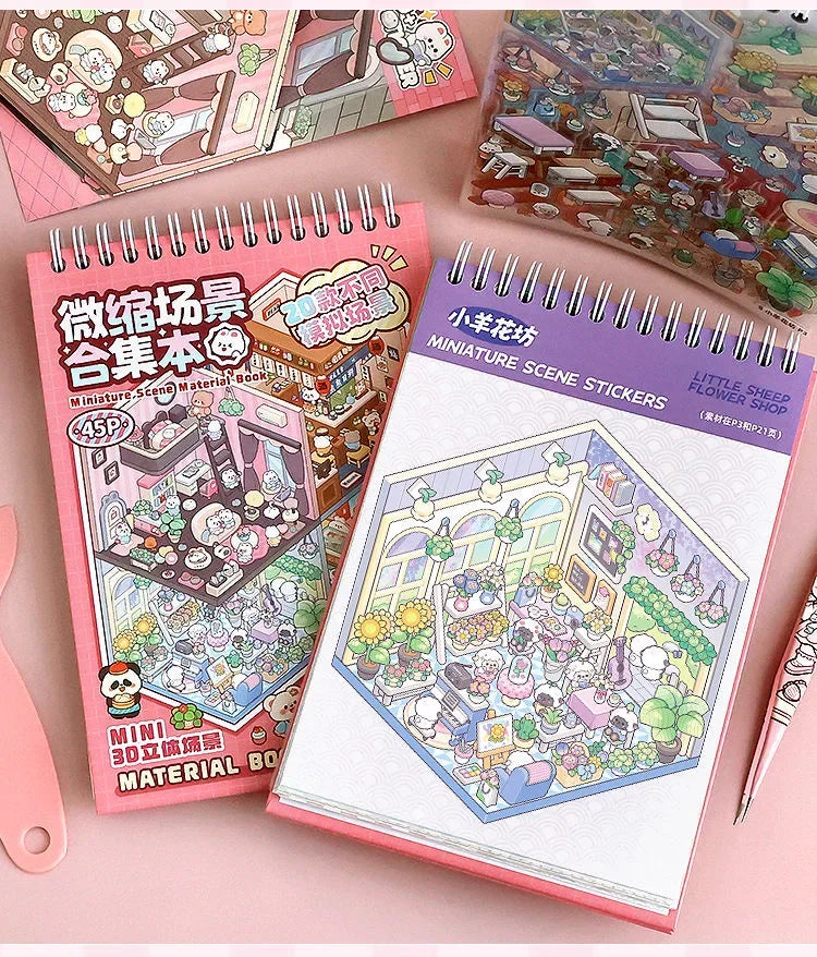 20Pcs 20 in1 Cartoon DIY Landscape Sticker 3D Miniature Collection Book Cabin Scene Stickers Birthday Gift for Kid Child Student
