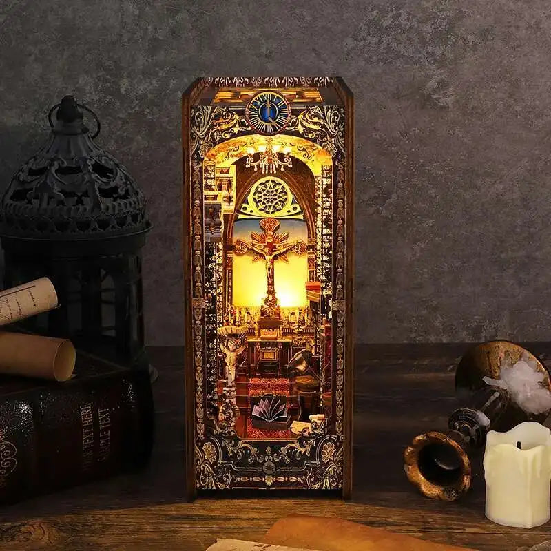 DIY Book Nook Kit Miniature Doll House With LED Light 3D Puzzle Model Building Wooden Bookshelf