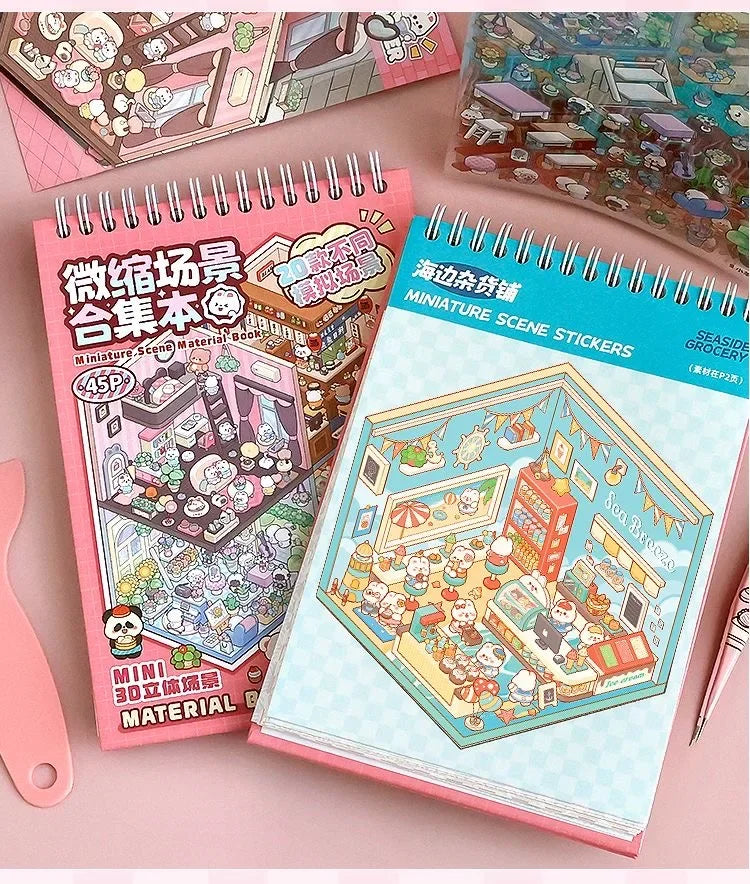 20Pcs 20 in1 Cartoon DIY Landscape Sticker 3D Miniature Collection Book Cabin Scene Stickers Birthday Gift for Kid Child Student