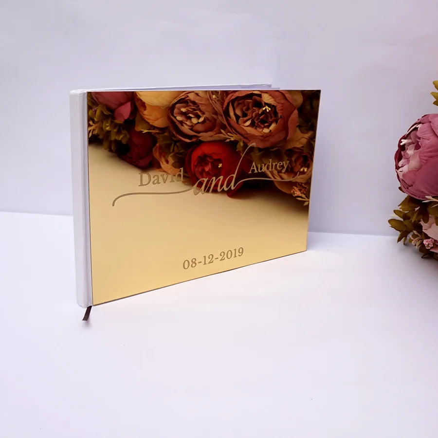 Different Styles Custom Wedding Signature Guest Book Personalized Gold/Silver Mirror Cover Empty White Blank Pages Party Decor