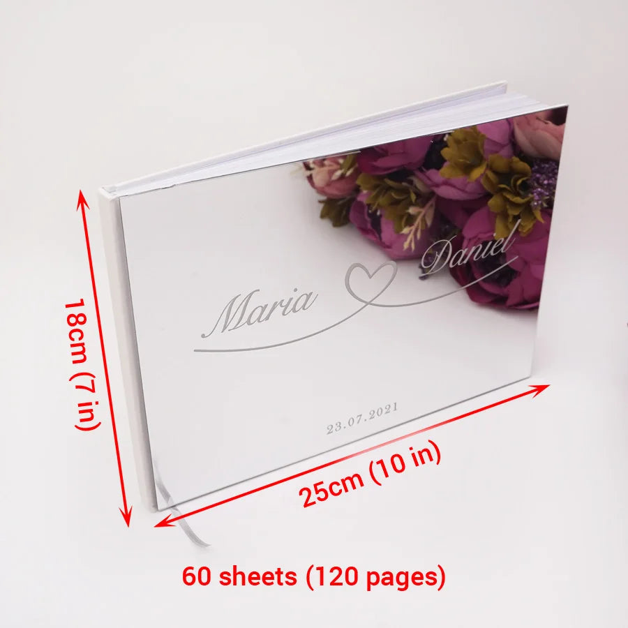 25x18cm Horizontal Sweet Wedding Personalized Acrylic Mirror Cover Heart Signature Guestbook Custom Check in Book