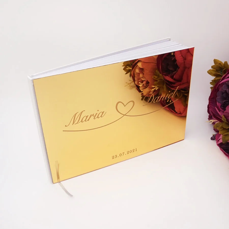25x18cm Horizontal Sweet Wedding Personalized Acrylic Mirror Cover Heart Signature Guestbook Custom Check in Book