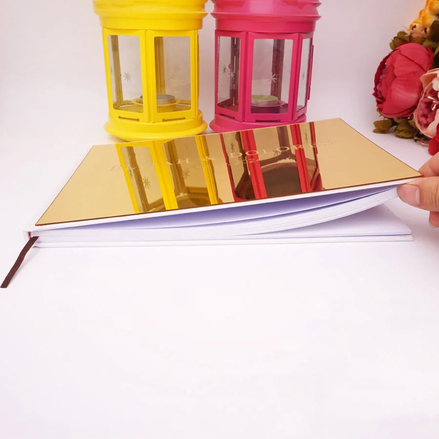 Different Styles Custom Wedding Signature Guest Book Personalized Gold/Silver Mirror Cover Empty White Blank Pages Party Decor