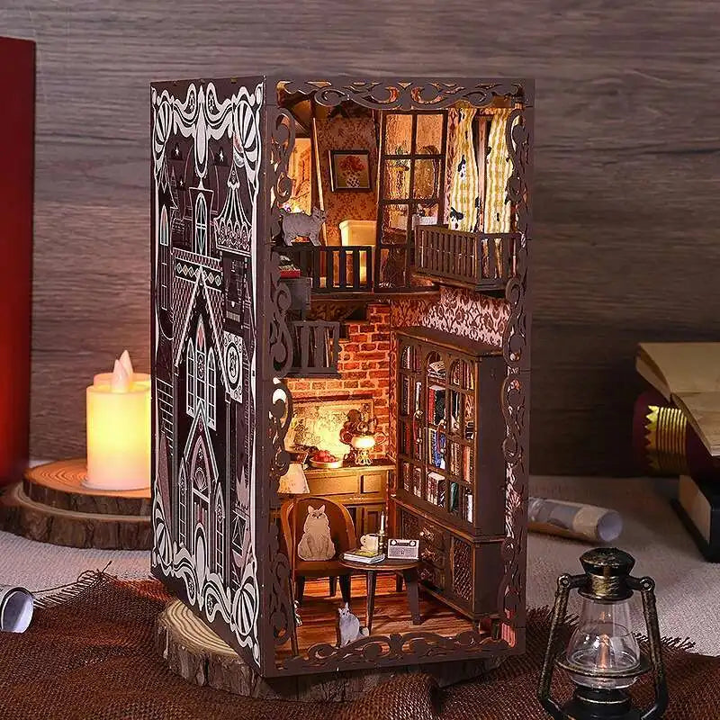 DIY Book Nook Kit Miniature Doll House With LED Light 3D Puzzle Model Building Wooden Bookshelf