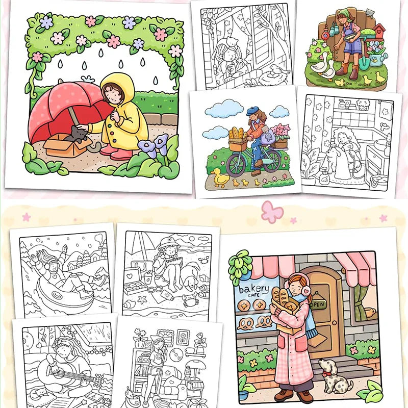 1/2Pcs Interesting Graffiti Coloring Book for Adults and Teens Featuring Adorable Creatures in Cozy Hygge Moments for Relaxation