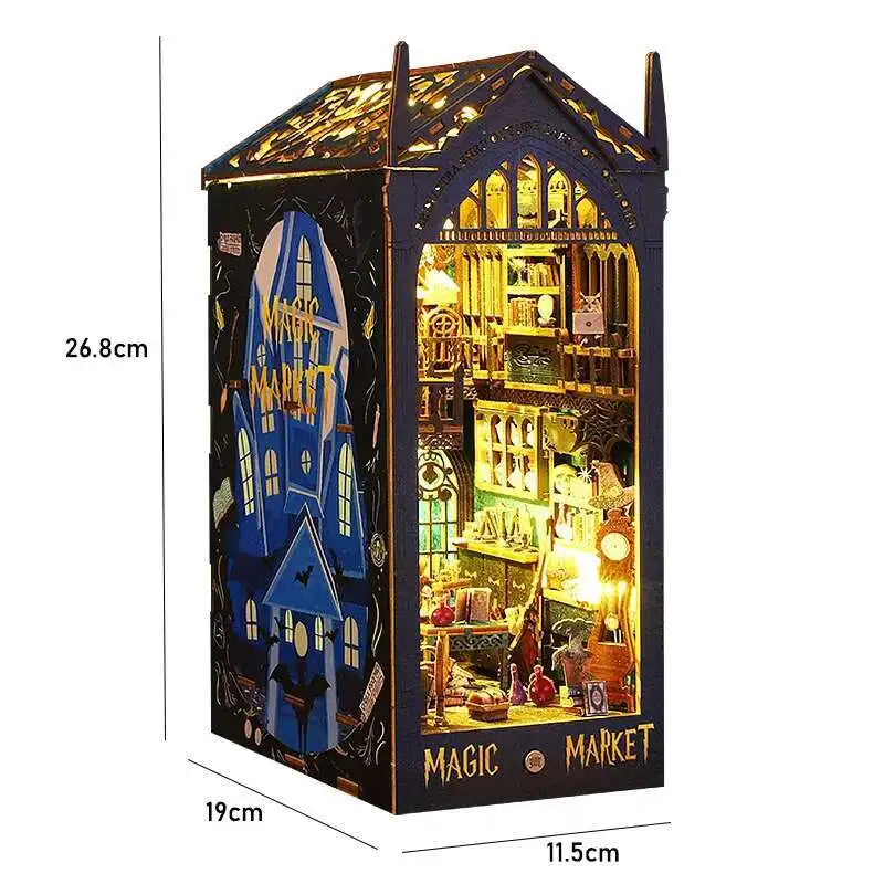 DIY Book Nook Kit Miniature Doll House With LED Light 3D Puzzle Model Building Wooden Bookshelf