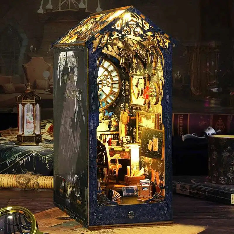 DIY Book Nook Kit Miniature Doll House With LED Light 3D Puzzle Model Building Wooden Bookshelf