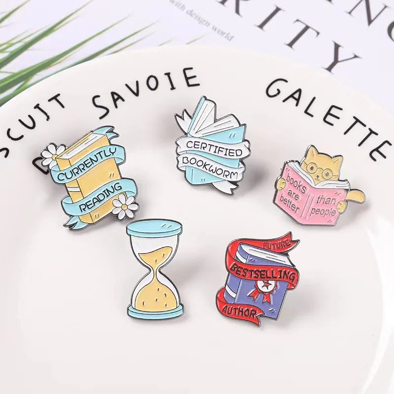 Pin Club | Custom Book Cat Metal Brooch Hourglass Reading Lover Backpack Lapel Enamel Badge Jewelry Gifts Accessories Wholesale