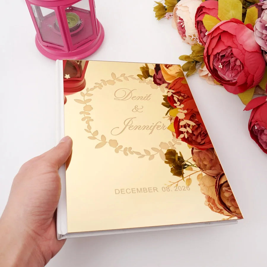 Different Styles Custom Wedding Signature Guest Book Personalized Gold/Silver Mirror Cover Empty White Blank Pages Party Decor