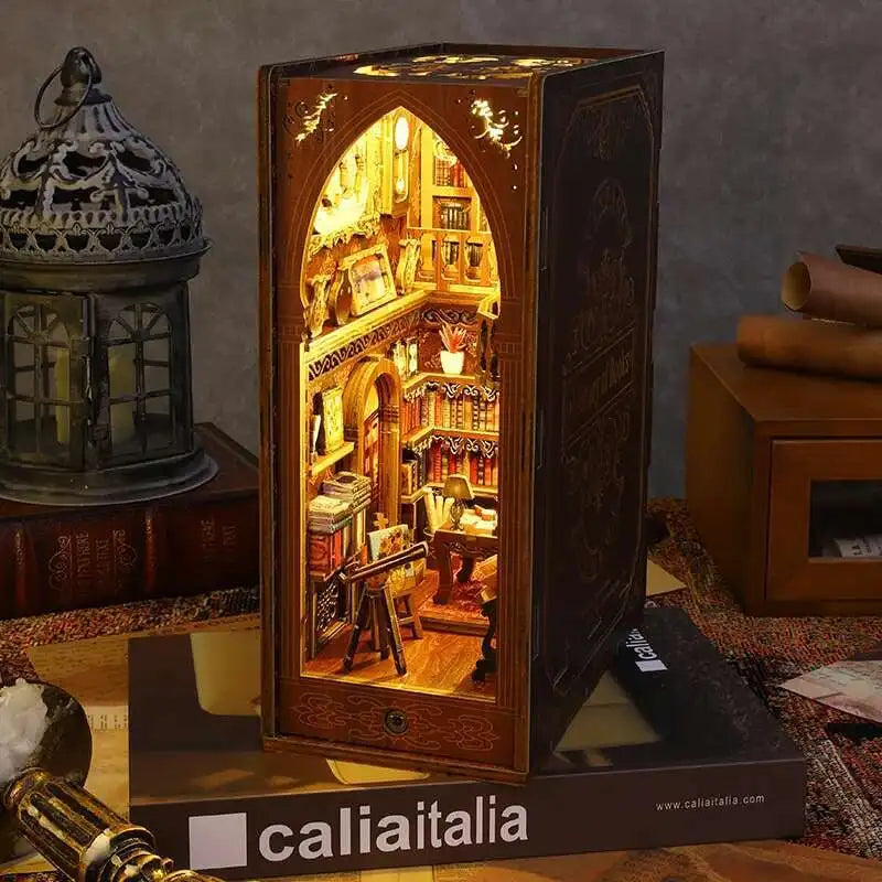 DIY Book Nook Kit Miniature Doll House With LED Light 3D Puzzle Model Building Wooden Bookshelf