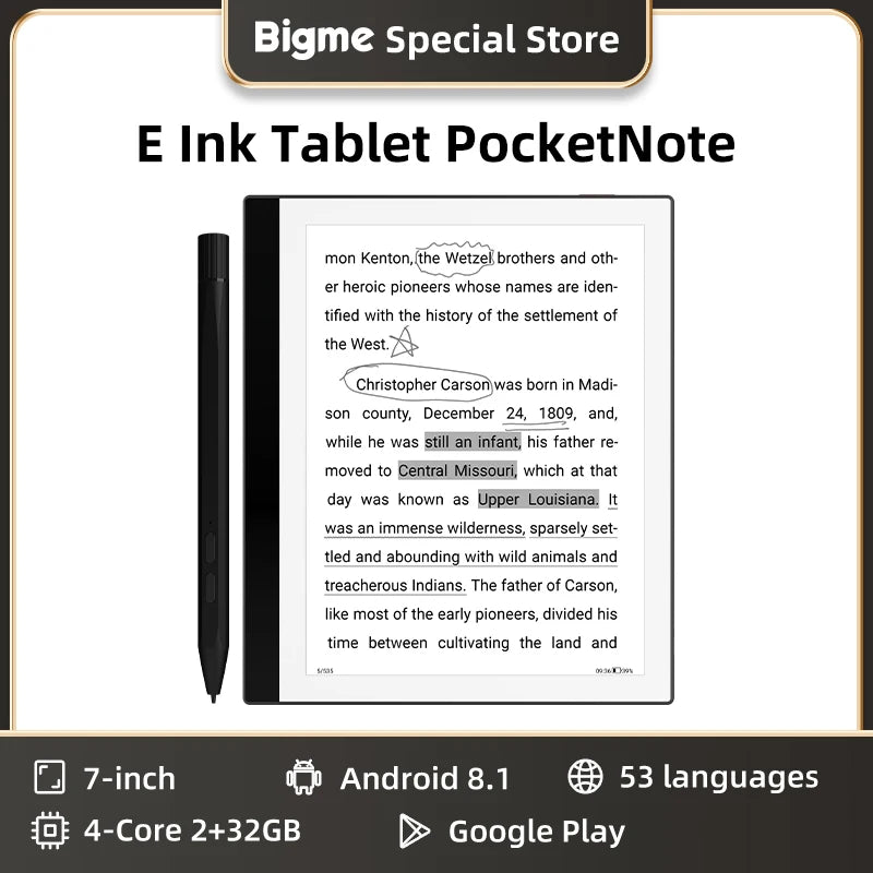 BIGME PocketNote Ebook Reader, 7-inch E-ink Screen ereader Tablet, Electronic Book e reader, support Google Play, kindle APP