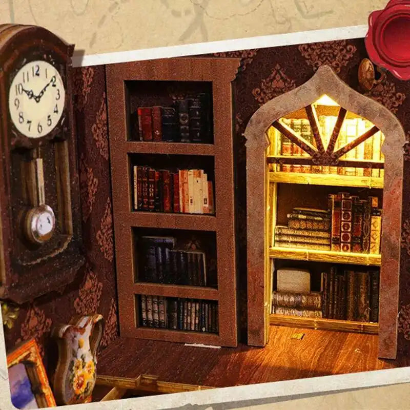 DIY Book Nook Kit Miniature Doll House With LED Light 3D Puzzle Model Building Wooden Bookshelf