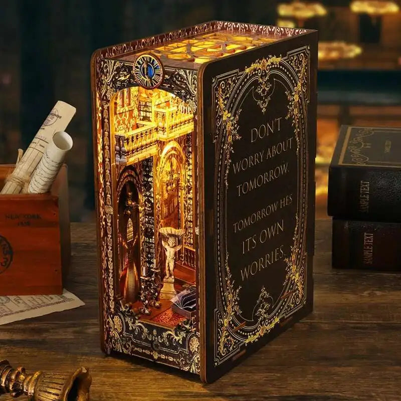 DIY Book Nook Kit Miniature Doll House With LED Light 3D Puzzle Model Building Wooden Bookshelf