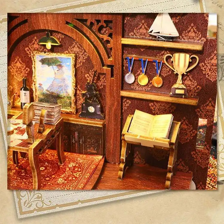 DIY Book Nook Kit Miniature Doll House With LED Light 3D Puzzle Model Building Wooden Bookshelf