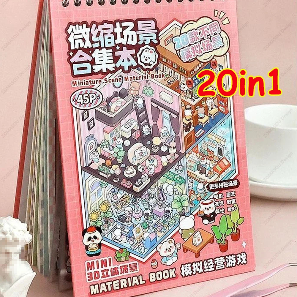 20Pcs 20 in1 Cartoon DIY Landscape Sticker 3D Miniature Collection Book Cabin Scene Stickers Birthday Gift for Kid Child Student