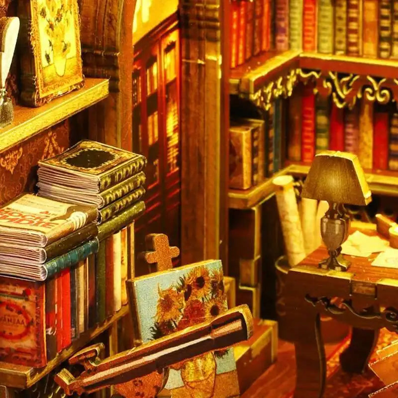 DIY Book Nook Kit Miniature Doll House With LED Light 3D Puzzle Model Building Wooden Bookshelf