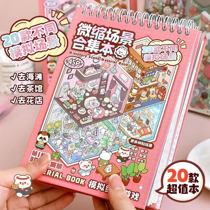 20Pcs 20 in1 Cartoon DIY Landscape Sticker 3D Miniature Collection Book Cabin Scene Stickers Birthday Gift for Kid Child Student