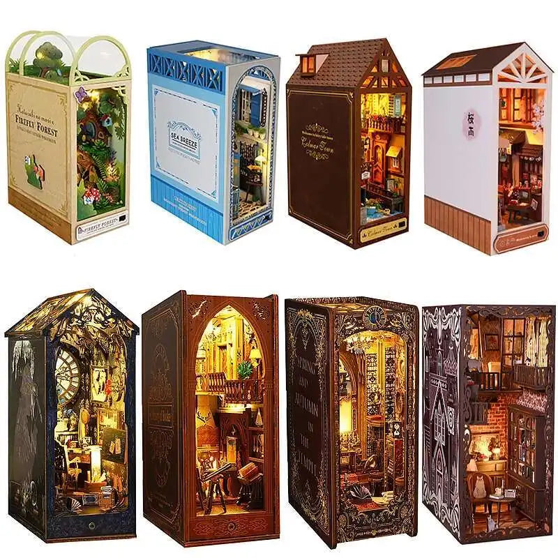 DIY Book Nook Kit Miniature Doll House With LED Light 3D Puzzle Model Building Wooden Bookshelf