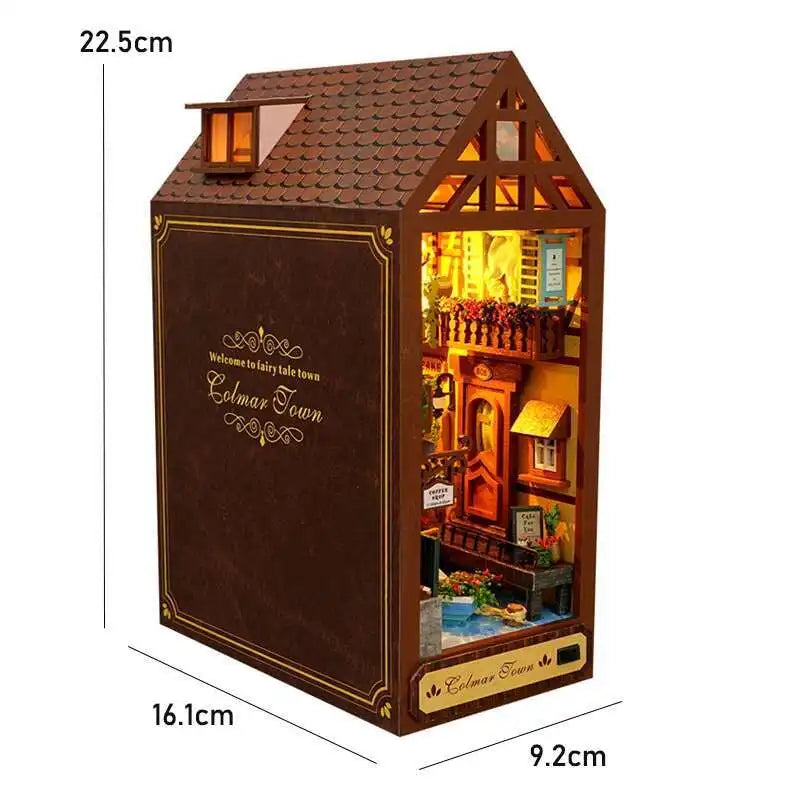 DIY Book Nook Kit Miniature Doll House With LED Light 3D Puzzle Model Building Wooden Bookshelf