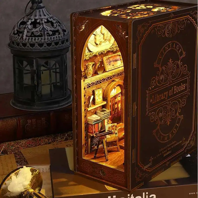 DIY Book Nook Kit Miniature Doll House With LED Light 3D Puzzle Model Building Wooden Bookshelf