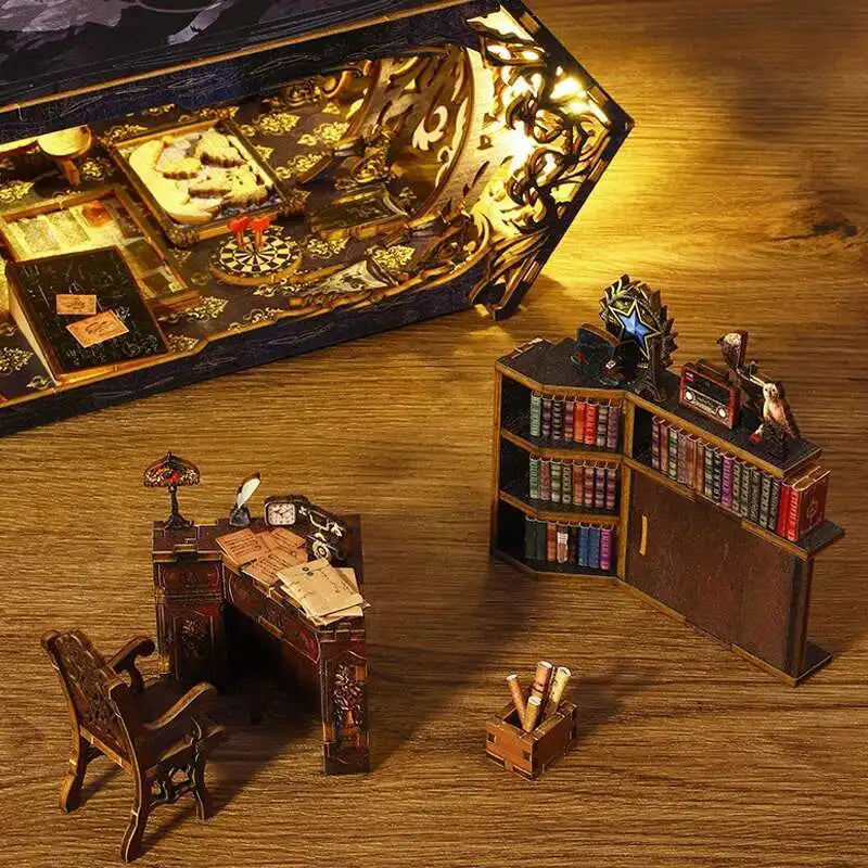 DIY Book Nook Kit Miniature Doll House With LED Light 3D Puzzle Model Building Wooden Bookshelf