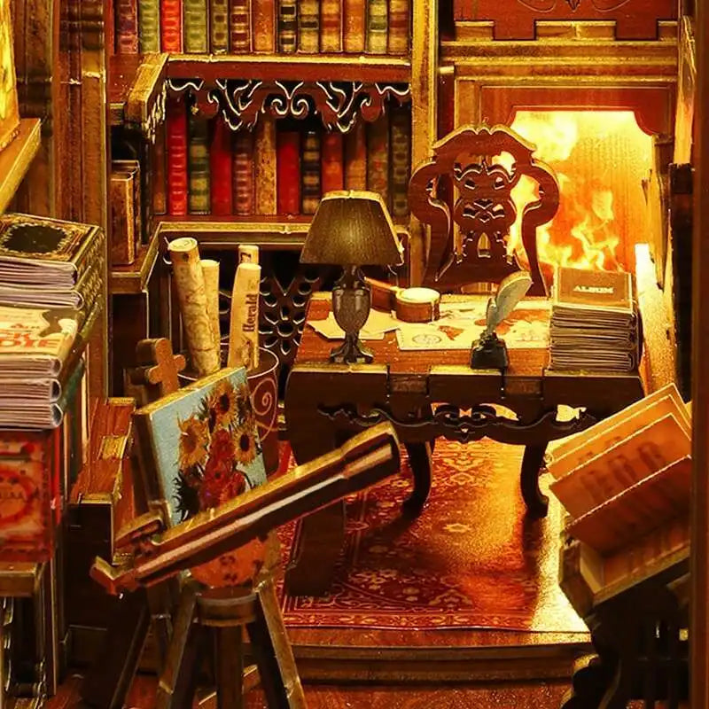 DIY Book Nook Kit Miniature Doll House With LED Light 3D Puzzle Model Building Wooden Bookshelf