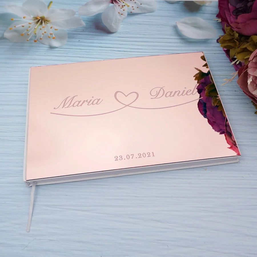 25x18cm Horizontal Sweet Wedding Personalized Acrylic Mirror Cover Heart Signature Guestbook Custom Check in Book