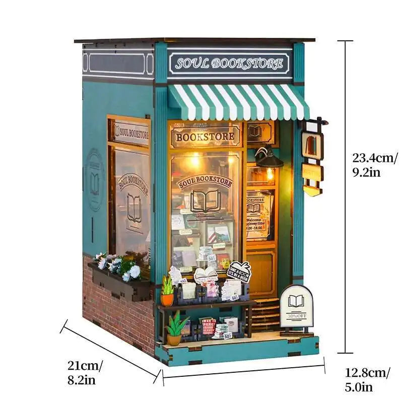 DIY Book Nook Kit Miniature Doll House With LED Light 3D Puzzle Model Building Wooden Bookshelf