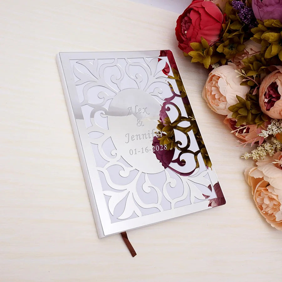 Different Styles Custom Wedding Signature Guest Book Personalized Gold/Silver Mirror Cover Empty White Blank Pages Party Decor