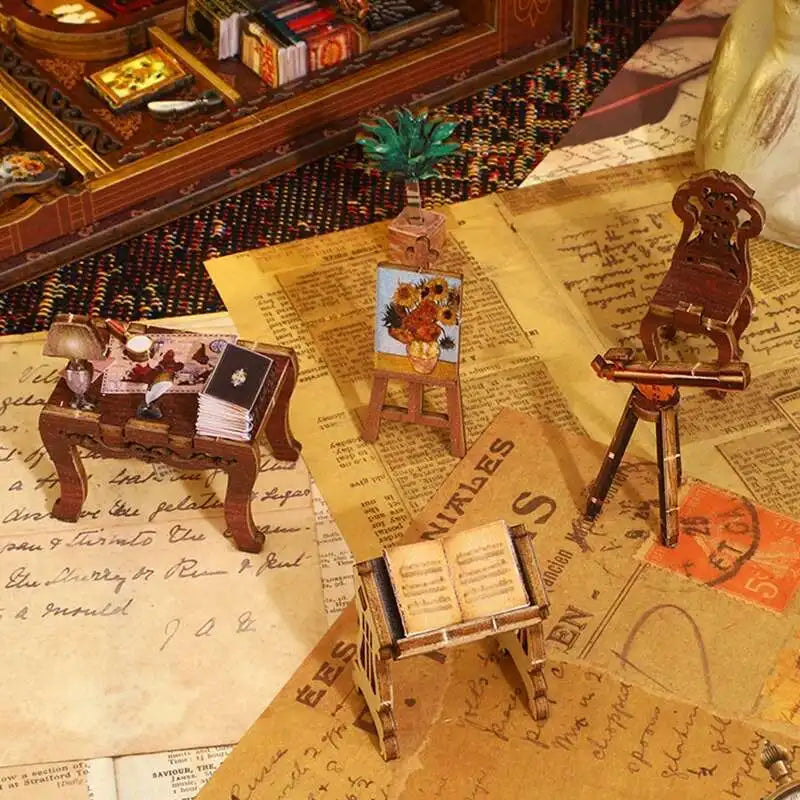 DIY Book Nook Kit Miniature Doll House With LED Light 3D Puzzle Model Building Wooden Bookshelf
