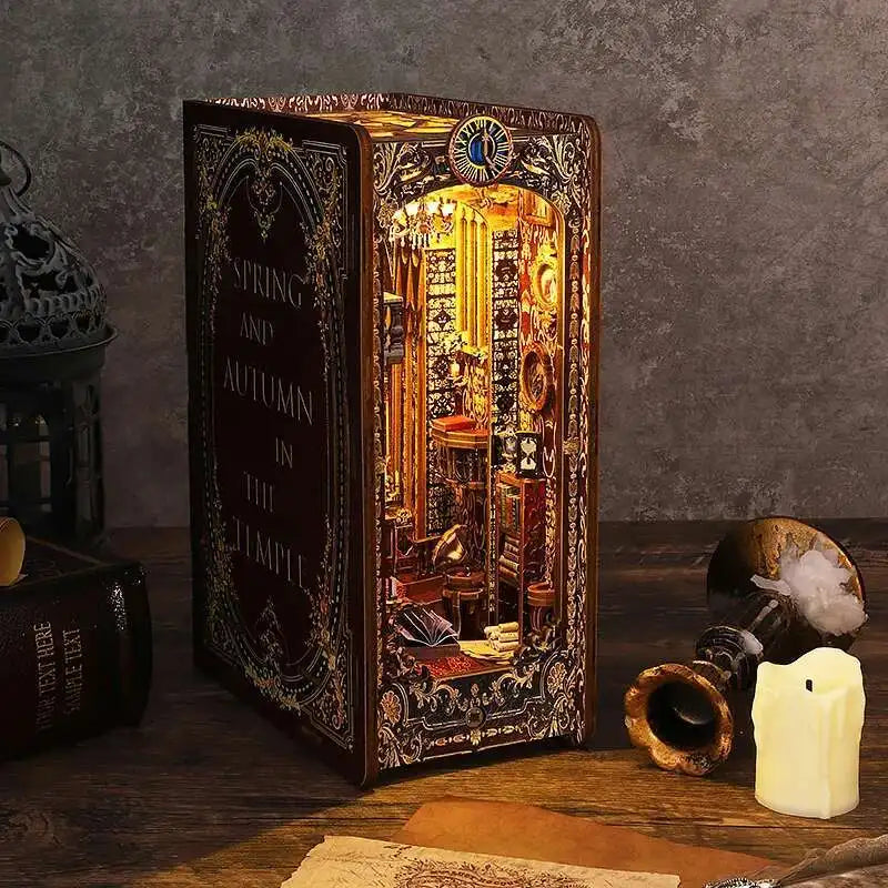 DIY Book Nook Kit Miniature Doll House With LED Light 3D Puzzle Model Building Wooden Bookshelf